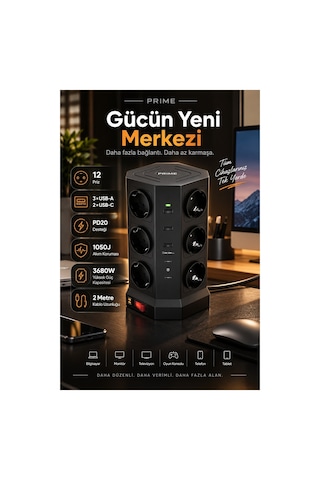 Robeve Fulltech Prime 12 Li Akım Korumalı Kule Priz 3680w - 1050j Koruma, Pd20 Destekli 3 Usb-a + 2 Usb-c, 2 Metre Kablolu Dikey Çoklu Uzatma Prizi Grup Priz 12'li Fiş 12'li Priz 2 M