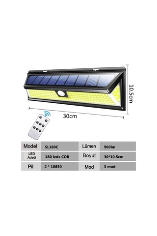 Solar 180 Led Güneş Enerjili Duvar Lambası, Kumandalı, Hareket Sensörlü, Ip65 Su Geçirmez, 3 Modlu, Dış Mekan B Çok Renkli