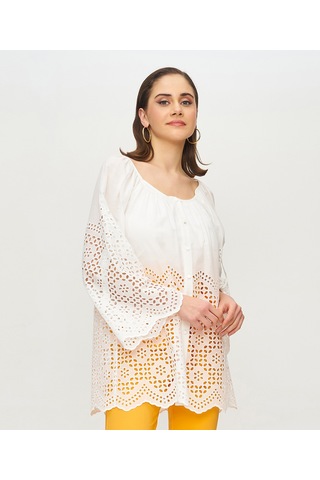 Kadın Pamuk Gömlek Ajurlu Detaylı, Rahat Kalıp Yazlık Tasarım Ekru