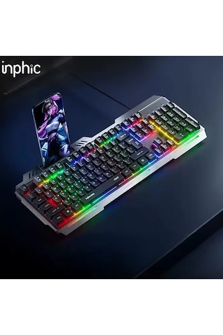Inphic K2 104 Tuşlu Rgb Aydınlatmalı Sessiz Usb Kablolu Oyun Klavyesi 3 Kademeli Parlaklık Cep Telefonu Yerleştirme Alanlı - Mh-hs9711-0395