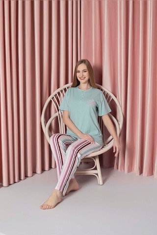 Ahengim Kadın Pijama Takımı Süprem Kısa Kollu Alt Çizgili Göğüs Nakışlı Pamuklu W20722328 Mint