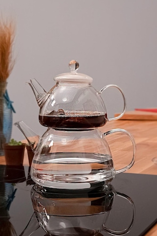 Borosilikat Cam Çaydanlık Seti - Demlik Isıya Dayanıklı, Süzgeçli Model Şeffaf