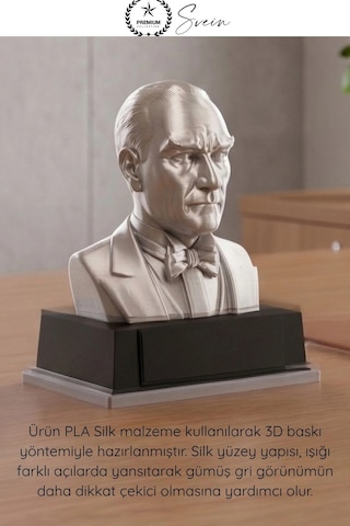 Atatürk Mustafa Kemal Atatürk Büstü 3d Baskı Dekorasyon Biblo Gümüş Gri Premium Tasarım Şık Obje Ev