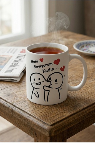 Çift Kupası Seni Seviyorum Kadın Yazılı Sevgiliye Eşe Özel Hediye Kalpli Kupa Bardak Özel Tasarımlı Beyaz