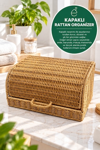 Evonıta Kapaklı Rattan Organizer Sepet Hasır Görünümlü Çok Amaçlı Banyo Makyaj Kozmetik Düzenleyici Saklama Kutusu Kahverengi