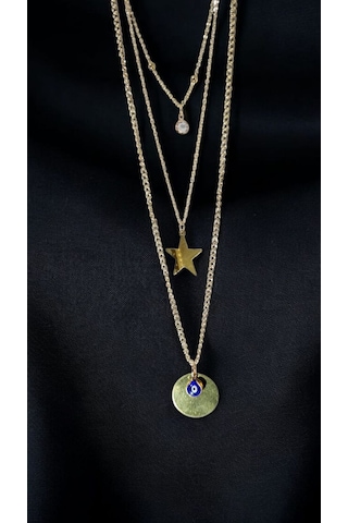 Altın Renk Üç Katmanlı Şans Kolyesi Yıldız, Nazar Ve Işık Taşı Gold