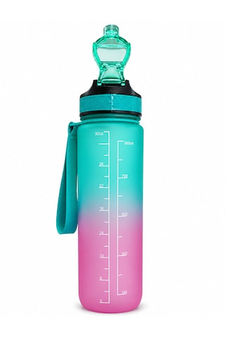 900 Ml Motivasyon Matarası Sızdırmaz, Kilitli, Silikon Uçlu, Taşıma Askılı, Geniş Ağızlı Su Matarası Turkuaz