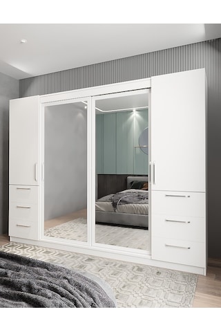 Bella Sürgü Kapaklı Dolap Gardırop Beyaz 270cm- Montaj Dahil
