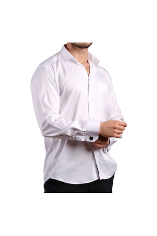Beyaz Büyük Beden Rahat Kesim Micro Kumaş Kol Düğmeli Regular Fit Erkek Gömlek - 190-1 001