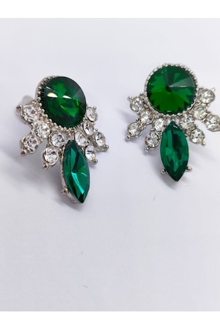 Sapphire Store Gümüş Renk Yeşil Taşlı Küpe Gümüş