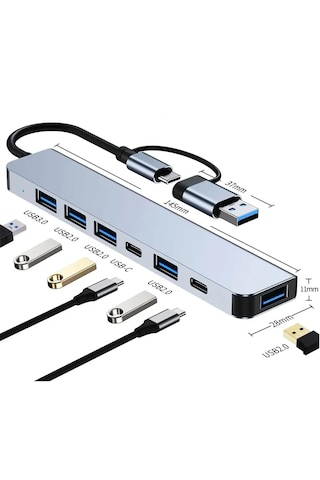 7-in-1 Type-c Çoklu Dönüştürücü Hub Usb 3.0 + Usb 2.0 + Usb-c Çoklayıcı Laptop & Tablet Uyumlu Hızlı Veri Aktarım Adaptörü