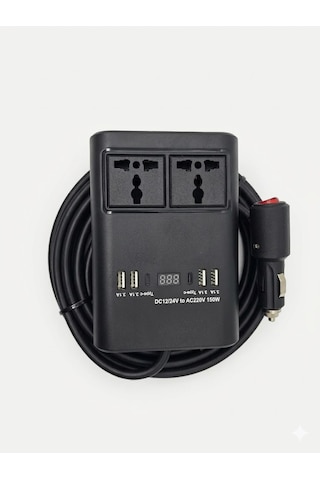 Araç Inverter 150w,çakmak Uzatma Kablosu Çakmaklık,4 Usb,2 Type-c Çıkışlı 12v/16 A /120w 2 X1,5mm Ttr Bakır 5mt-gg25