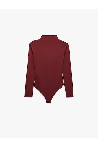 Koton Slim Fit Uzun Kollu Drape Detaylı Hafif Dik Yaka Bodysuit Bordo 7wak80008ek