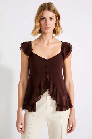 Benerly Kadın Bluz V Yaka Fırfırlı Kol Crop Tül Örme Düğmeli Fitted Düz D Kahverengi
