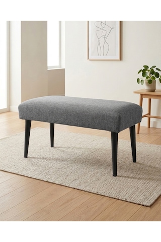 Gri Keten Kumaş Bench Puf 90x45x46 Cm Ahşap Siyah Ayaklı Demonte Modern Yatak Ucu Bench Oturma Bankı Antre Koridor Pufu