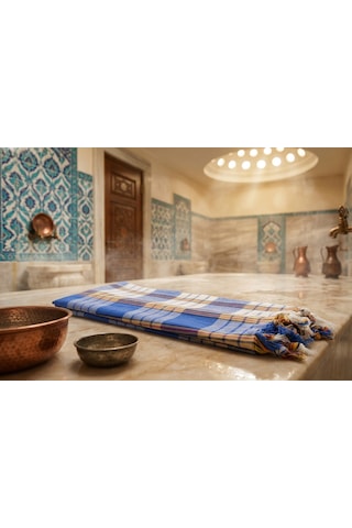 Ludıa %100 Pamuk Ekose Peştemal Havlu Mavi Çizgili Saçaklı Plaj Ve Banyo Peştemali 79x190 Cm Mavi Beyaz Sarı