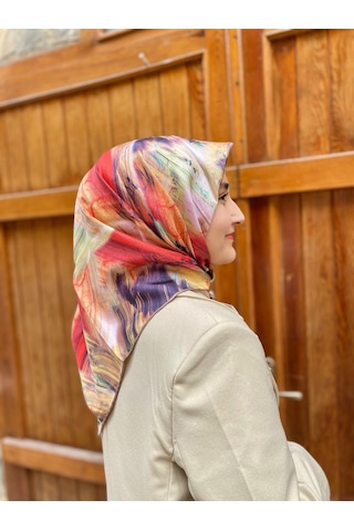Seyra Mercan-sarı Fırça Desen Tivil İpek Eşarp 3873 Çok Renkli
