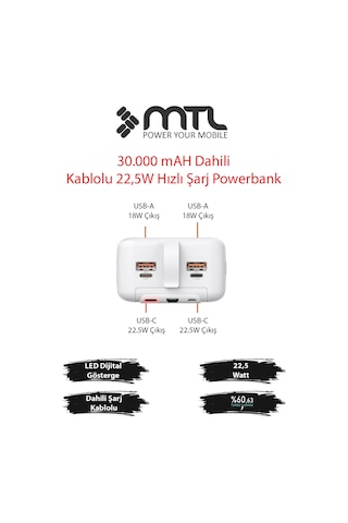 30000 Mah 22.5w Turbo Şarj Dahili Kablolu Dijital Led Göstergeli Pd Ve Qc 3.0 Powerbank Mt4330 Beyaz