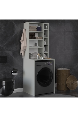 Asra Trend Çamaşır Makinesi Üstü Banyo Dolabı BD-03 %100 MDF Çok Amaçlı Düzenleyici Raf Kül Gri