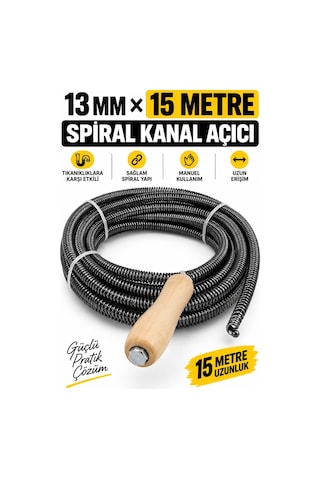 13 Mm X 15 Metre Spiral Kanal Açıcı Ahşap Saplı Manuel Gider Açma Teli, Uzun Erişimli Tesisat Spir