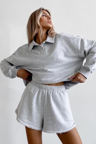 Madmext Gri Polo Yaka Kadın Şort Sweatshirt Takım Mg2375