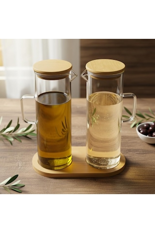 Deconox 2'li Şeffaf Cam Yağdanlık Ve Sirkelik Seti - Bambu Kapaklı Ve Özel Standlı Masaüstü Yağlık 190 Ml Diğer