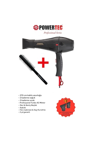 Powertec TR-701 Profesyonel Fön Makinesi + Profesyonel Berber Fön Fırçası Siyah