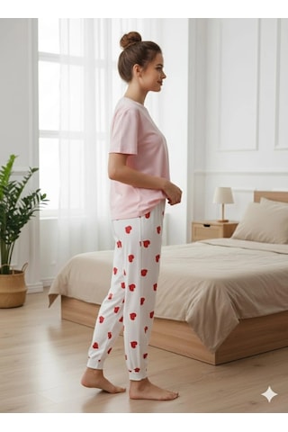 Erdenay Tekstil İpeksi Dokulu Süet Pijama Altı Ekru Üzeri Kırmızı Kalpli Ekru Üzeri Kırmızı Kalp