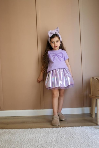 Kız Çocuk Lila Renk Partlak Kumaş Tütü Balon Etek Fiyonk Nakışlı T-shirt Pamuklu Altüst Takım Lila Mor Lila - Mor