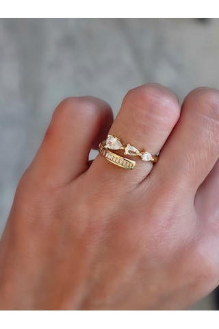 Ayarlanabilir Damla Model Zirkon Taşlı Gold Renk Çelik Yüzük Altın