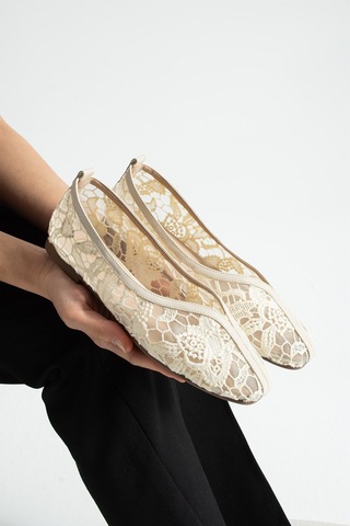 Dabab Shoes Florıa Dantel Kadın Krem Düz Babet Dantel Dokuma Çiçek Desenli Zarif Günlük Ayakkabı Ekru