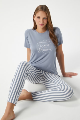 Ritnice Kadın Time Yumuşak Doku Gri Çizgili Bisiklet Yaka Kısa Kollu Alt Üst Pijama Takımı Griekru