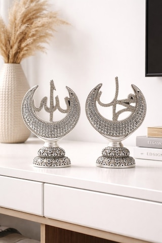 Taş İşlemeli Gümüş Biblo Allah & Muhammed S.a.v Hilal Taşlı Figürlü Masa Üstü Biblo 2 Li Set 20 Cm Gri