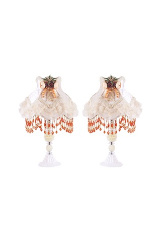 Kahverengi Çiçek Dekorlu Abajur Beyaz Klasik Model Vintage