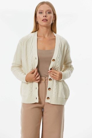 Düğmeli Saç Örgülü Triko Hırka - Kemik