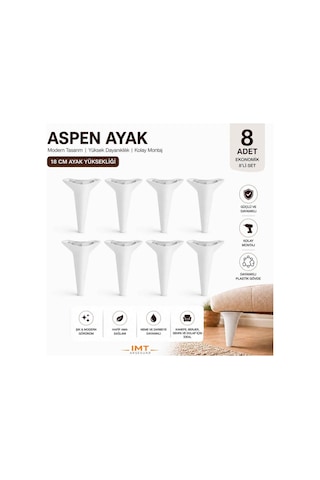İMT AKSESUAR Aspen 18 Cm Beyaz 8'li Set Beyaz Koltuk Baza Dolap Tv Ünitesi Yatak Odası Konsol Ayağı
