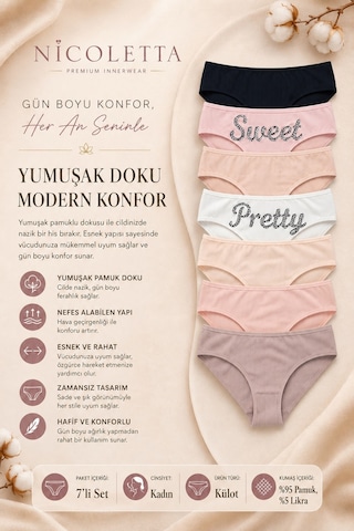Nicoletta Kadın Külot 7 Li Paket Likralı Pamuklu Kaşkorse 713186 Çok Renkli