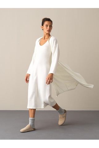 Xint Ekru Oversize Açık V Yaka Uzun Hırka 400523 Kırık Beyaz