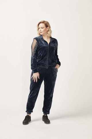 1950 Kolları Taşlı Tam Kalıp Tarz Kadife Büyük Beden Eşofman Takım Lacivert Siyah