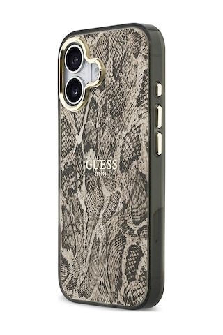 Apple Uyumlu iPhone 17 Kılıf Guess Lisanslı M-safe Özellikli Yazı Logolu Python Desenli Kapak Kahverengi Kahverengi