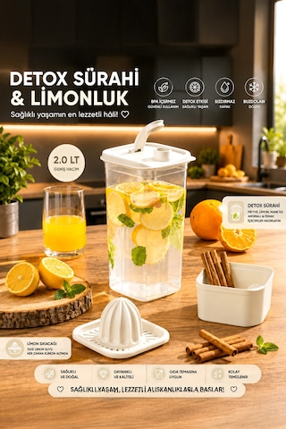 Porsima 1110 Detoks Sürahi & Limonluklu Matara Şeffaf-beyaz 2 Lt