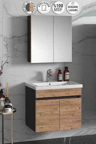 Çiğdem 65 Cm Antrasit Gri Mat-Atlantik Çam Mdf Seramik Lavabolu A Antrasit - Atlantik Çam