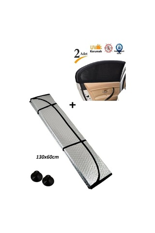 Ön Cam Balonlu Kalın Güneşlik 130x60 Cm + 2 Adet Arka Yan Cam Güneşlik Perde Sineklik Set Standart