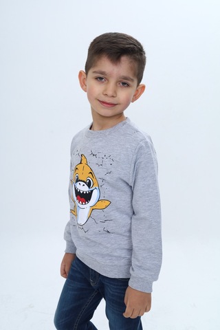Toontoy Kids Toontoy Erkek Çocuk Çıtçıtlı Köpek Balığı Baskılı Sweatshirt Gri Melanj