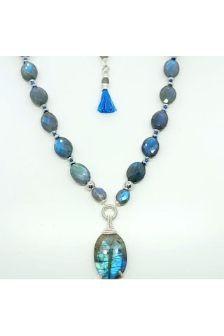 2848 Labradorit Hematit El Yapımı Düğümlü Çelik Aparatlı El Yapımı Kolye Çok renkli