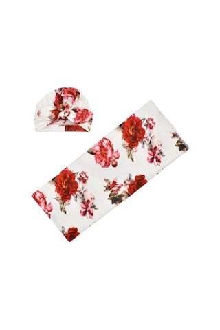 Neevoyu Yeni Doğan Bebe Örtüsü Ve Şapkalı Sarıma Bezi - Poliester Elbise - 80x80 Cm - Beyaz Üzeri Gül Desenli Çok Renkli