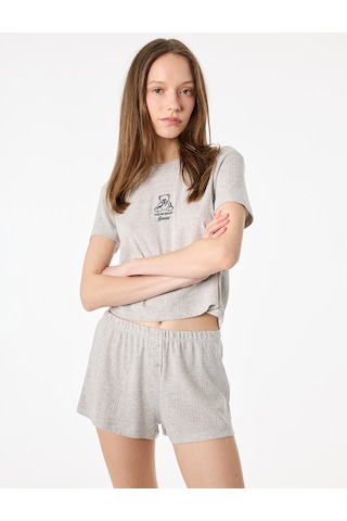 Koton Kısa Kollu Bisiklet Yaka Ayıcık Detaylı Şortlu Pijama Takımı Gri Melanj 6slk40143mk