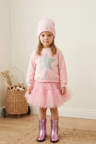 Le Mabelle Pembe Yıldız Nakışlı Kurdele Detaylı Uzun Kollu Kız Çocuk Sweatshirt Pembe