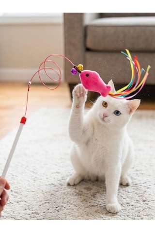 Mucit Home Balıklı Kedi Oyun Oltası Balıklı Kuyruklu Dikkat Çekici 90 Cm -eğlenceli Olta