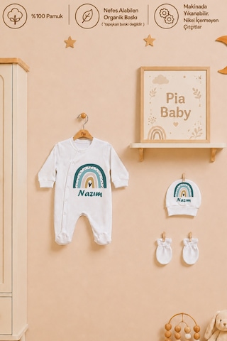 Pia Baby Kişiye Özel Erkek Bebek Tulum Set 4 Parça %100 Pamuk İsimli Organik Baskılı Battaniyeli 1092bt0x Krem